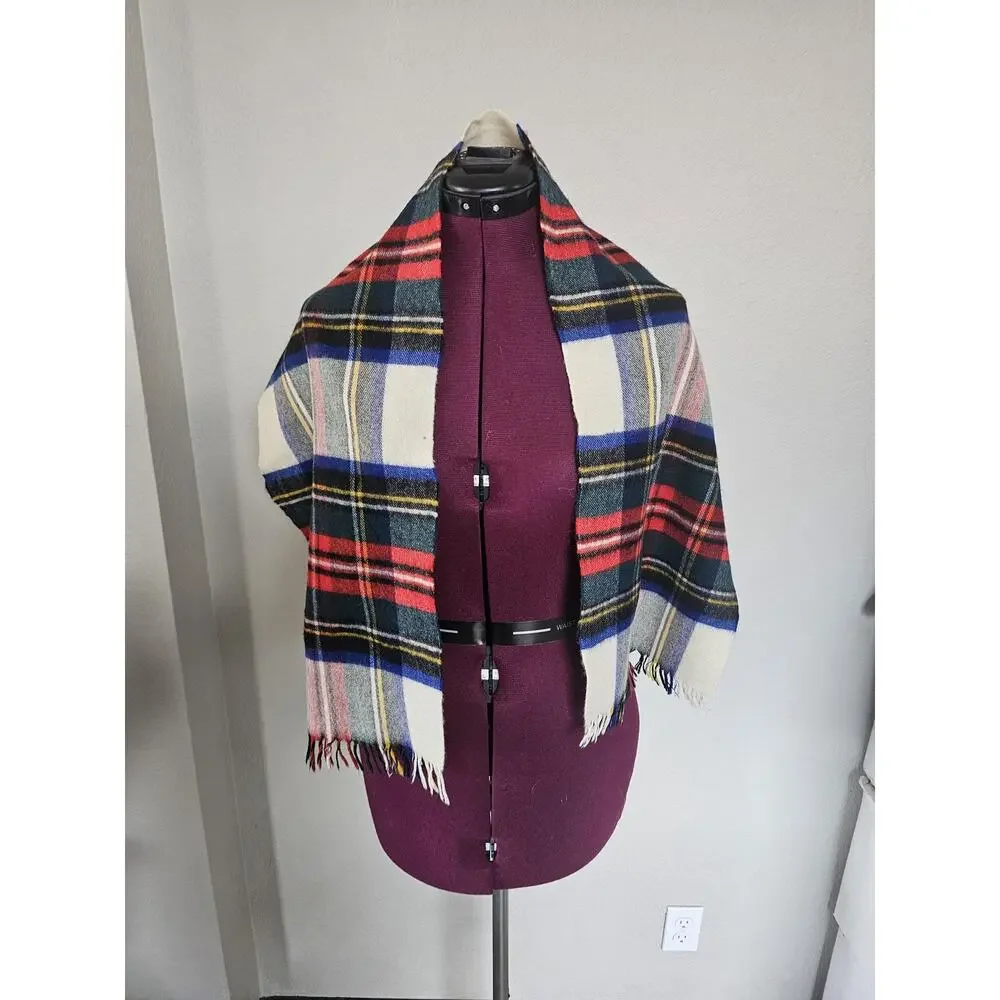Vintage Wool Plaid Ivory Green Blue Black Yellow Red Scarf With Fringe 50x11.5
